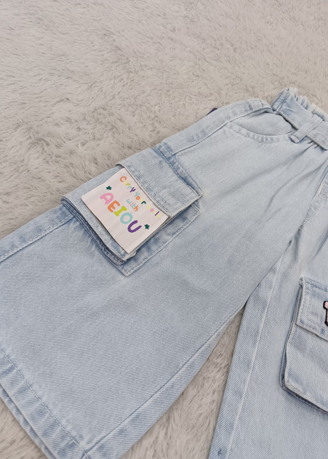 GIRLS JEANS CODE-A388 Girls Light Blue Wide Leg Cargo Jeans | Stylish Kids Denim Pants