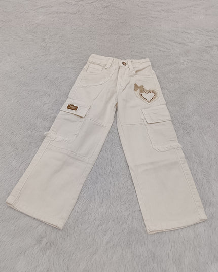 GIRLS JEANS CODE-A392 Girls White Ribbed Top with Embellished Cargo Jeans | Stylish Kids Co-Ord Outfit