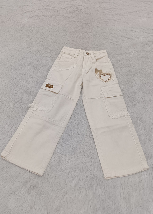 GIRLS JEANS CODE-A392 Girls White Ribbed Top with Embellished Cargo Jeans | Stylish Kids Co-Ord Outfit