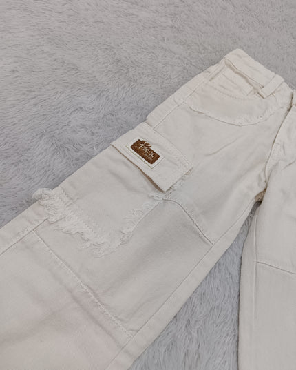 GIRLS JEANS CODE-A392 Girls White Ribbed Top with Embellished Cargo Jeans | Stylish Kids Co-Ord Outfit
