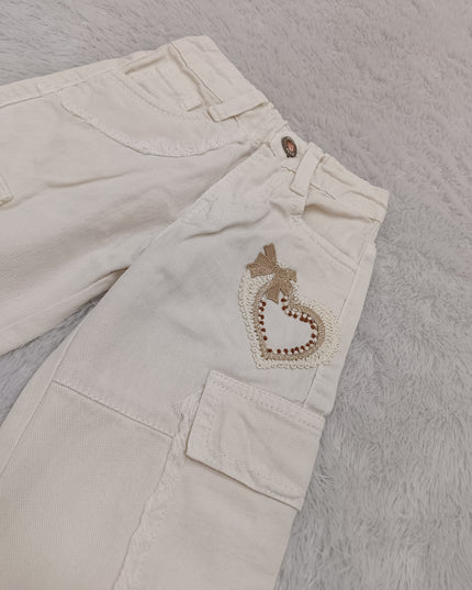 GIRLS JEANS CODE-A392 Girls White Ribbed Top with Embellished Cargo Jeans | Stylish Kids Co-Ord Outfit