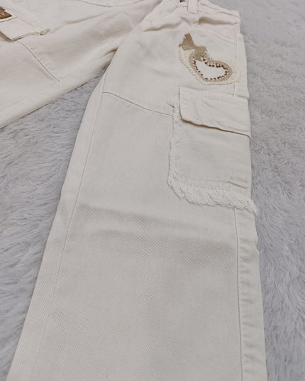 GIRLS JEANS CODE-A392 Girls White Ribbed Top with Embellished Cargo Jeans | Stylish Kids Co-Ord Outfit