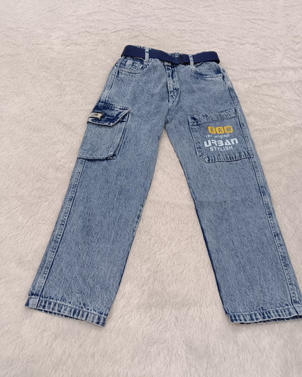 BOYS JEANS CODE-A411 Boys Light Blue Cargo Jeans | Stylish Regular Fit Denim Jeans for Kids – He And She
