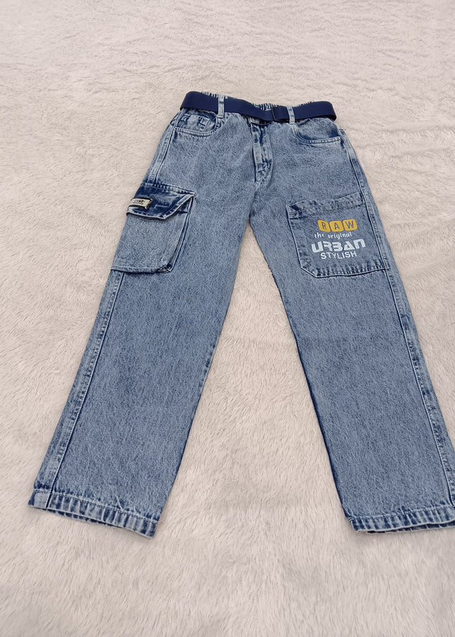 BOYS JEANS CODE-A411 Boys Light Blue Cargo Jeans | Stylish Regular Fit Denim Jeans for Kids – He And She