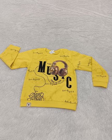 BOYS TSHIRT CODE-A377Boys Yellow Music Graphic Full Sleeve Sweatshirt | Stylish Casual Sweatshirt for Kids
