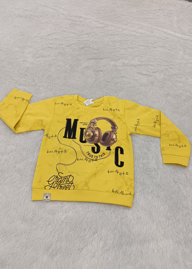 BOYS TSHIRT CODE-A377Boys Yellow Music Graphic Full Sleeve Sweatshirt | Stylish Casual Sweatshirt for Kids