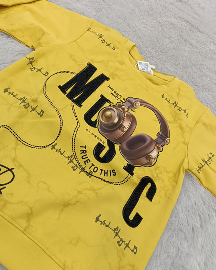 BOYS TSHIRT CODE-A377Boys Yellow Music Graphic Full Sleeve Sweatshirt | Stylish Casual Sweatshirt for Kids