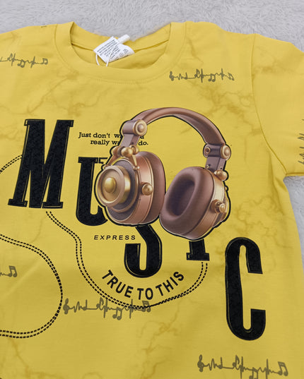BOYS TSHIRT CODE-A377Boys Yellow Music Graphic Full Sleeve Sweatshirt | Stylish Casual Sweatshirt for Kids