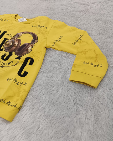 BOYS TSHIRT CODE-A377Boys Yellow Music Graphic Full Sleeve Sweatshirt | Stylish Casual Sweatshirt for Kids