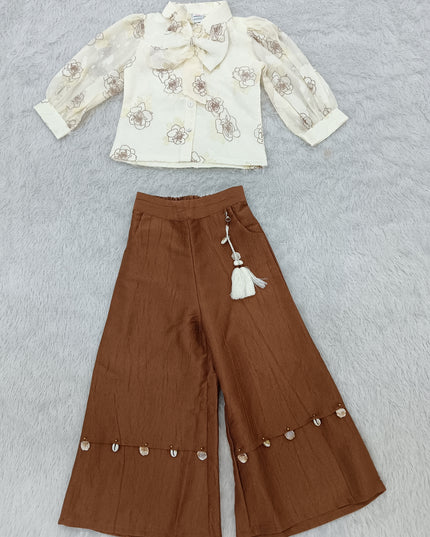 GIRLS SET CODE-A413 Girls Floral Printed Shirt & Brown Palazzo Set | Stylish Party Wear Co-Ord Set