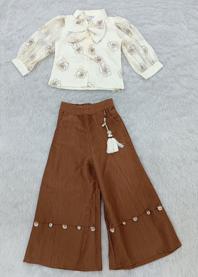 GIRLS SET CODE-A413 Girls Floral Printed Shirt & Brown Palazzo Set | Stylish Party Wear Co-Ord Set