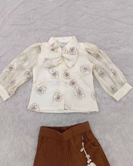 GIRLS SET CODE-A413 Girls Floral Printed Shirt & Brown Palazzo Set | Stylish Party Wear Co-Ord Set