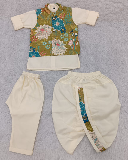 BOYS DHOTI SET CODE-A415 Boys Koti with Kurta Pant & Dhoti Combo Set – Floral Ethnic Wear