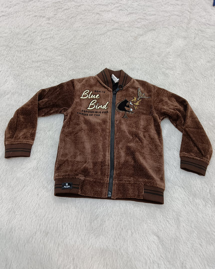 BOYS JECKET CODE-A376 Boys Brown Corduroy Zip-Up Jacket with Blue Bird Print | Stylish Winter Jacket for Kids