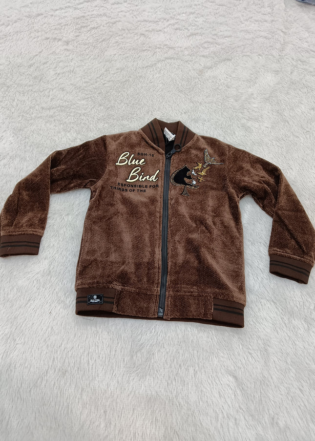BOYS JECKET CODE-A376 Boys Brown Corduroy Zip-Up Jacket with Blue Bird Print | Stylish Winter Jacket for Kids