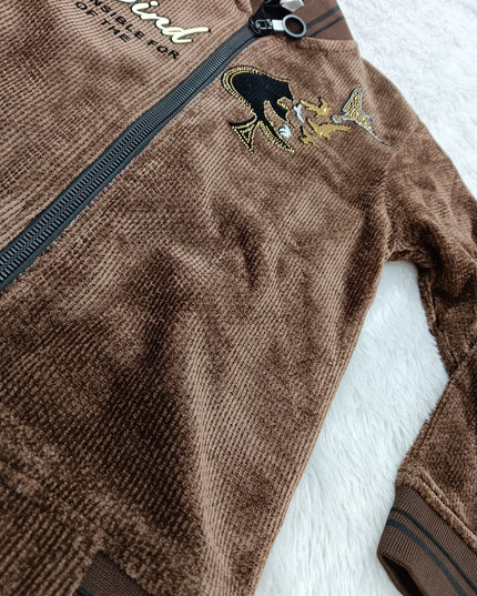 BOYS JECKET CODE-A376 Boys Brown Corduroy Zip-Up Jacket with Blue Bird Print | Stylish Winter Jacket for Kids