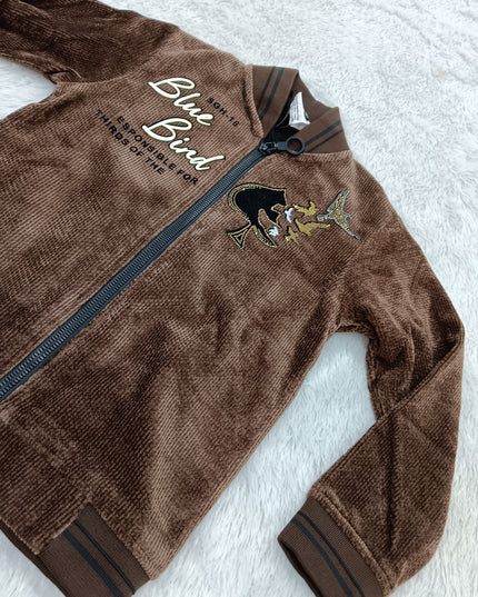 BOYS JECKET CODE-A376 Boys Brown Corduroy Zip-Up Jacket with Blue Bird Print | Stylish Winter Jacket for Kids
