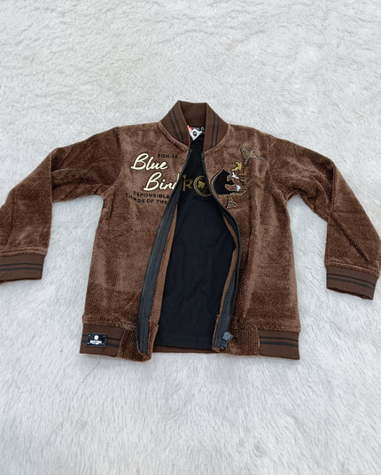 BOYS JECKET CODE-A376 Boys Brown Corduroy Zip-Up Jacket with Blue Bird Print | Stylish Winter Jacket for Kids