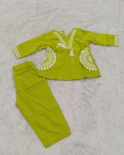 GIRLS GHARARA SET CODE-A387 Girls Lime Green Embroidered Kurta Palazzo Set | Traditional Ethnic Wear for Kids | He and She