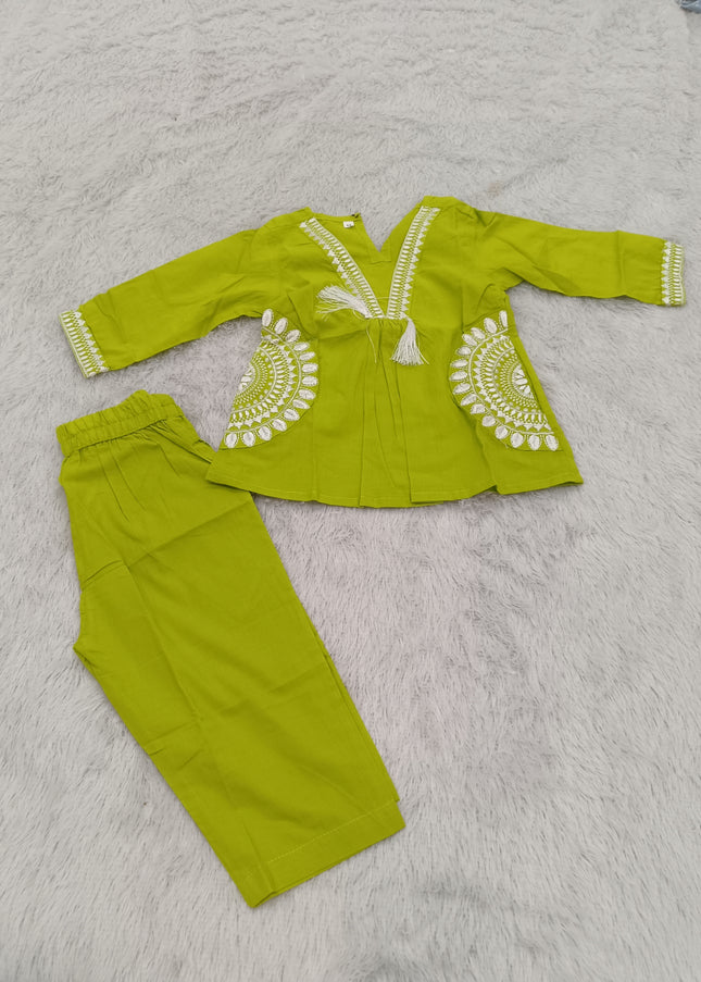 GIRLS GHARARA SET CODE-A387 Girls Lime Green Embroidered Kurta Palazzo Set | Traditional Ethnic Wear for Kids | He and She