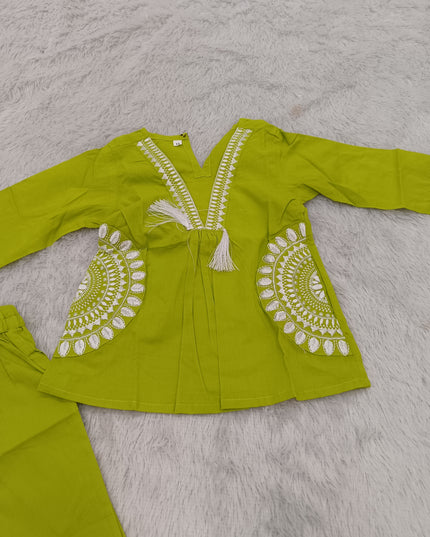 GIRLS GHARARA SET CODE-A387 Girls Lime Green Embroidered Kurta Palazzo Set | Traditional Ethnic Wear for Kids | He and She