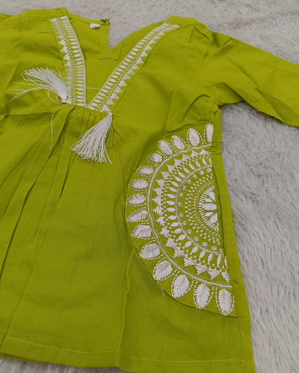 GIRLS GHARARA SET CODE-A387 Girls Lime Green Embroidered Kurta Palazzo Set | Traditional Ethnic Wear for Kids | He and She
