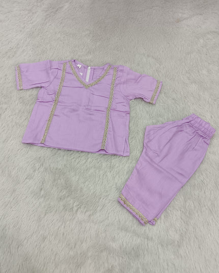 GIRLS KURTI PENT CODE-A386 Girls Lavender Kurta Pant Set with Golden Lace | Ethnic Wear for Girls