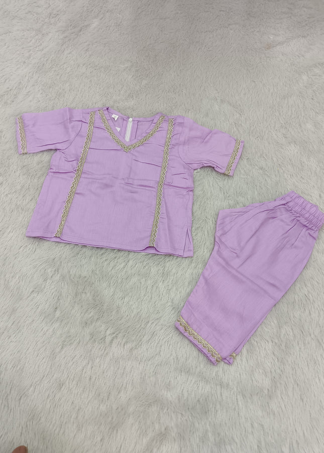 GIRLS KURTI PENT CODE-A386 Girls Lavender Kurta Pant Set with Golden Lace | Ethnic Wear for Girls