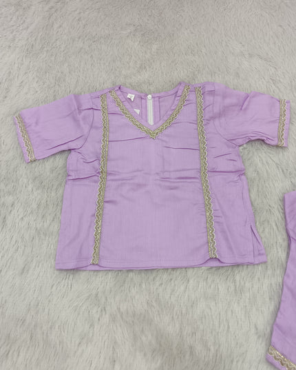 GIRLS KURTI PENT CODE-A386 Girls Lavender Kurta Pant Set with Golden Lace | Ethnic Wear for Girls