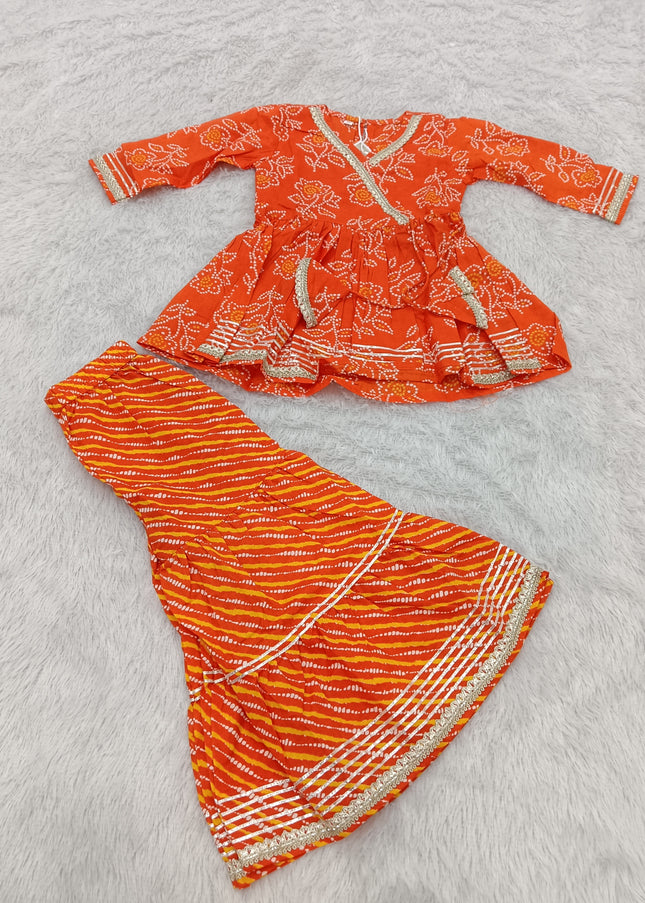 GIRLS GHARARA SET CODE-A385 Girls Orange Bandhani Printed Garara Plazzo Set | Traditional Ethnic Wear for Kids