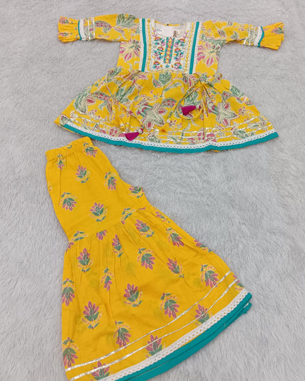 GIRLS GHARARA SET CODE-A379 Girls Yellow Floral Printed Palazzo Gharara Set | Ethnic Festive Wear
