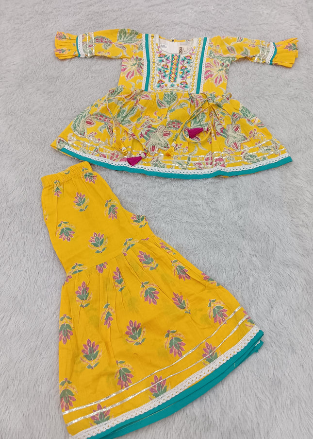 GIRLS GHARARA SET CODE-A379 Girls Yellow Floral Printed Palazzo Gharara Set | Ethnic Festive Wear