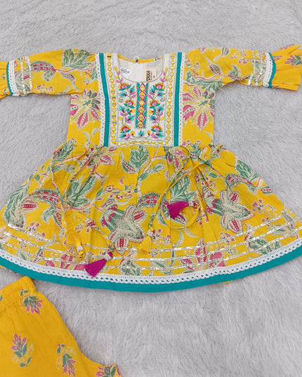 GIRLS GHARARA SET CODE-A379 Girls Yellow Floral Printed Palazzo Gharara Set | Ethnic Festive Wear