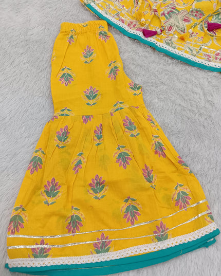 GIRLS GHARARA SET CODE-A379 Girls Yellow Floral Printed Palazzo Gharara Set | Ethnic Festive Wear