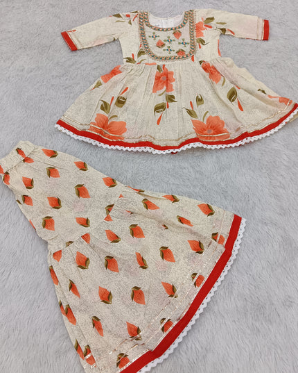 GIRLS GHARARA SET CODE-A378 Girls Floral Printed Palazzo Garara Set with Embroidered Kurti | He And She