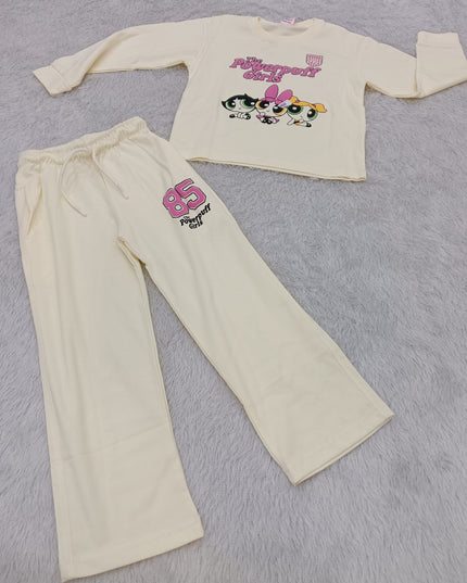 GIRLS CODINATE CODE-A403 Girls Cream Powerpuff Girls Printed Full Sleeve Co-Ord Set | Stylish Casual Outfit