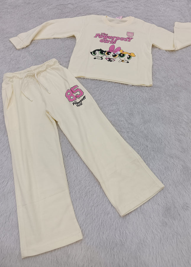 GIRLS CODINATE CODE-A403 Girls Cream Powerpuff Girls Printed Full Sleeve Co-Ord Set | Stylish Casual Outfit