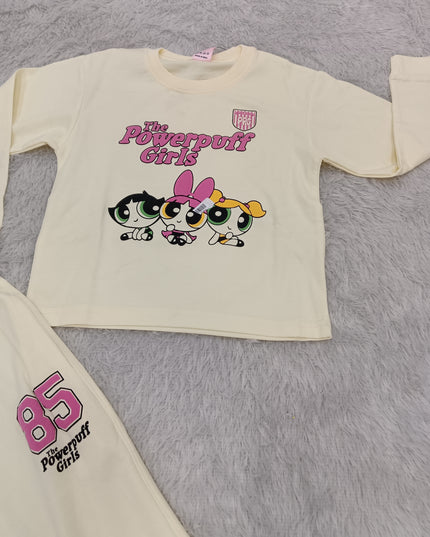 GIRLS CODINATE CODE-A403 Girls Cream Powerpuff Girls Printed Full Sleeve Co-Ord Set | Stylish Casual Outfit