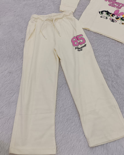 GIRLS CODINATE CODE-A403 Girls Cream Powerpuff Girls Printed Full Sleeve Co-Ord Set | Stylish Casual Outfit