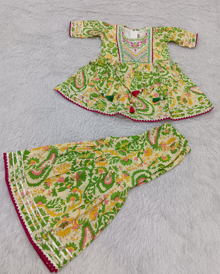 GIRLS GHARARA SET CODE-A380 Girls Green Floral Printed Gharara Set | Festive Ethnic Wear for Girls | He And She