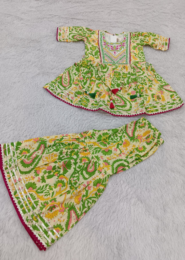 GIRLS GHARARA SET CODE-A380 Girls Green Floral Printed Gharara Set | Festive Ethnic Wear for Girls | He And She