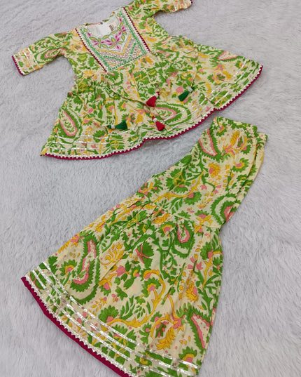 GIRLS GHARARA SET CODE-A380 Girls Green Floral Printed Gharara Set | Festive Ethnic Wear for Girls | He And She