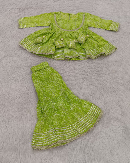 GIRLS GHARARA SET CODE-A382 Girls Green Printed Gharara Set | Stylish Ethnic Festive Wear | He And She