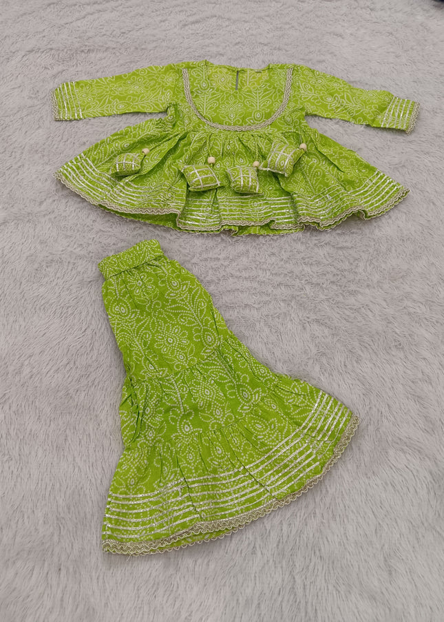 GIRLS GHARARA SET CODE-A382 Girls Green Printed Gharara Set | Stylish Ethnic Festive Wear | He And She