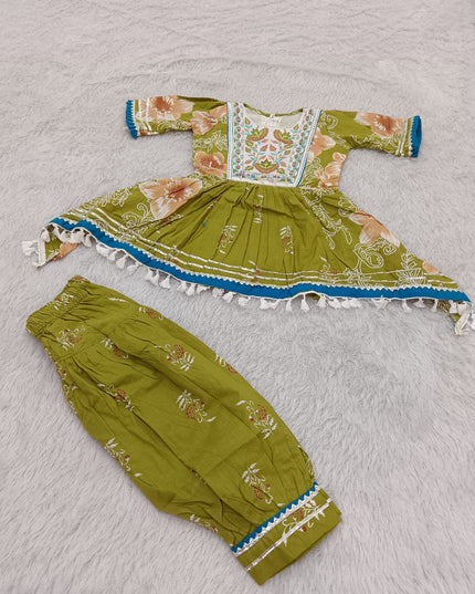 GIRLS PATIYALA SET CODE-A381 Girls Green Floral Printed Gharara Set | Ethnic Festive Wear | He And She