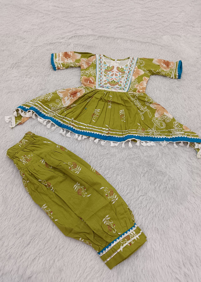 GIRLS PATIYALA SET CODE-A381 Girls Green Floral Printed Gharara Set | Ethnic Festive Wear | He And She
