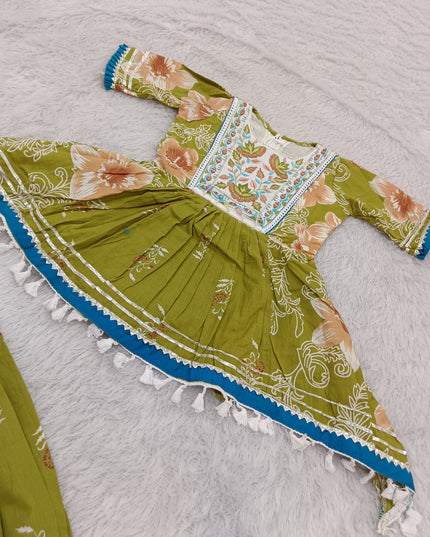 GIRLS PATIYALA SET CODE-A381 Girls Green Floral Printed Gharara Set | Ethnic Festive Wear | He And She