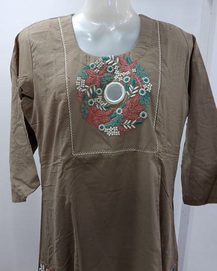 LADIES KURTI SET CODE-A408 Women’s Mustard Yellow & Brown Embroidered Kurta Palazzo Set | Floral Ethnic Wear