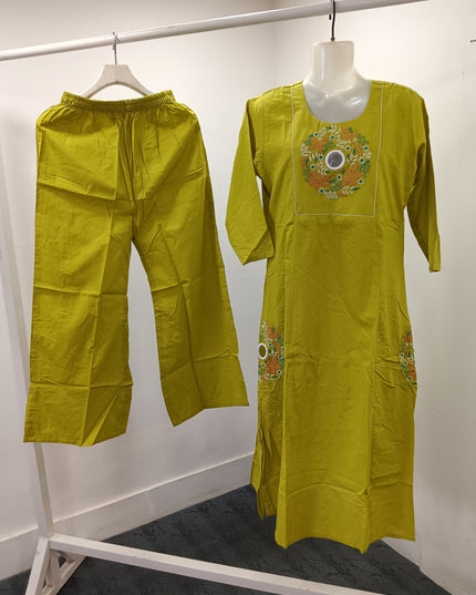 LADIES KURTI SET CODE-A408 Women’s Mustard Yellow & Brown Embroidered Kurta Palazzo Set | Floral Ethnic Wear