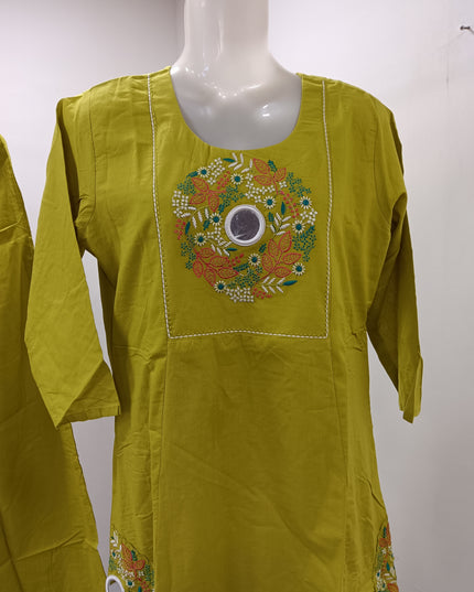 LADIES KURTI SET CODE-A408 Women’s Mustard Yellow & Brown Embroidered Kurta Palazzo Set | Floral Ethnic Wear